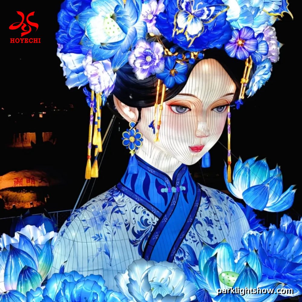 Life-Size Chinese Lady Lantern Sculpture with Blue Peony | HOYECHI Life-size Chinese lady lantern sculpture with blue peony lighting for cultural festivals, parks, and municipal night events