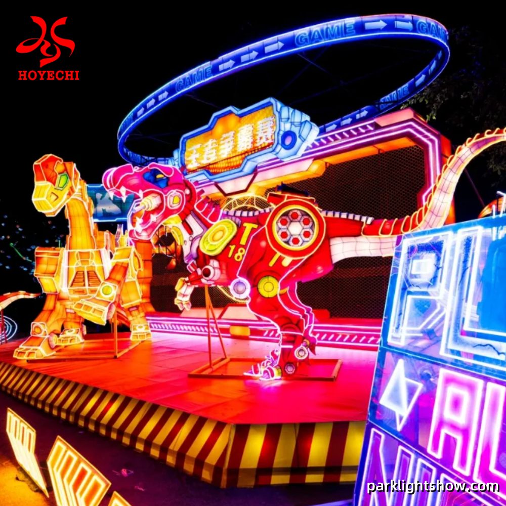 HOYECHI Futuristic LED Cyberpunk Dinosaur Lantern Installation Futuristic LED Cyberpunk Dinosaur Lantern Installation | Custom Outdoor Light Show Sculpture for Theme Parks & City Events