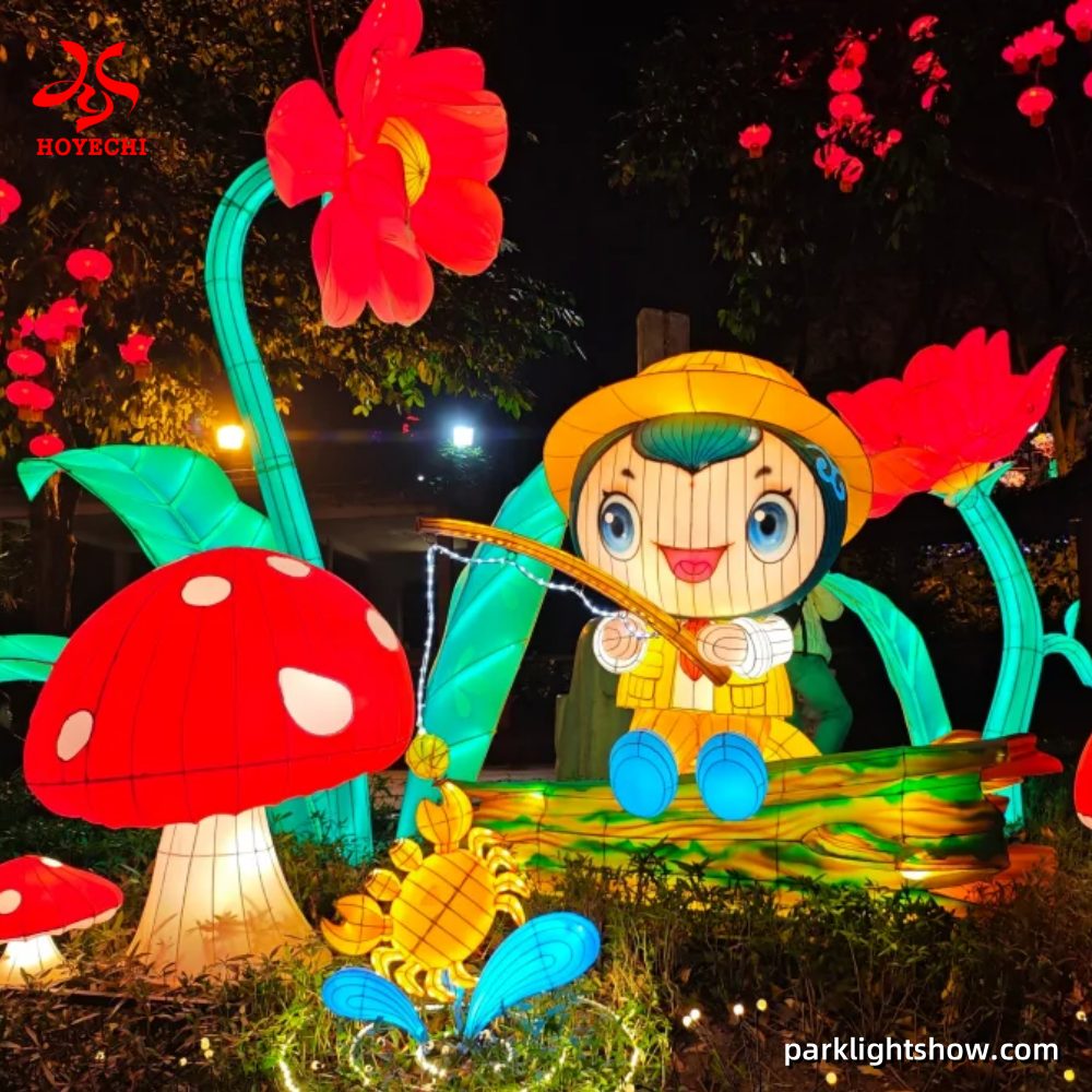 Custom cartoon fishing boy lantern sculpture with mushrooms and flowers for park night tourism and lantern festival displays