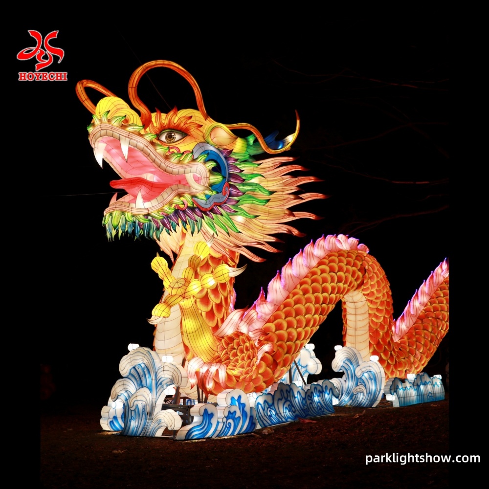 Commercial dragon lantern illuminated as a large photo landmark for a park or festival venue