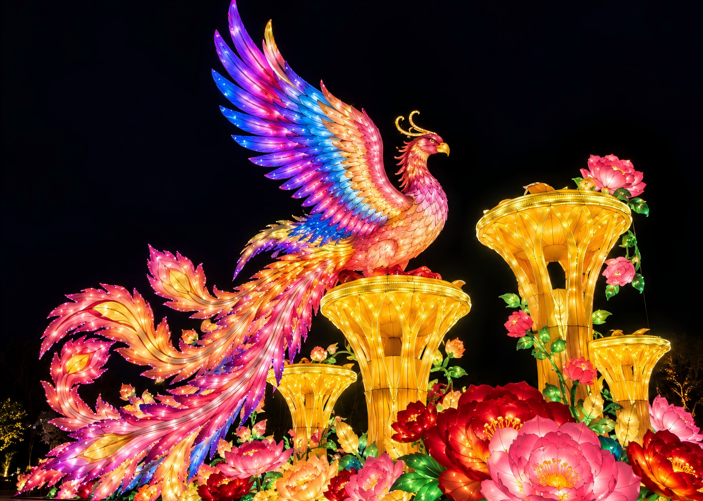 Colorful phoenix lantern with raised wings and a sweeping tail above flower lanterns; AI-enhanced project photograph