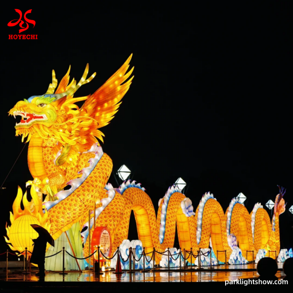 Giant Golden Chinese Dragon Lantern | Lantern Festival Light Show Display Giant golden Chinese dragon lantern sculpture glowing at night, large-scale outdoor display for lantern festivals and park light show attractions