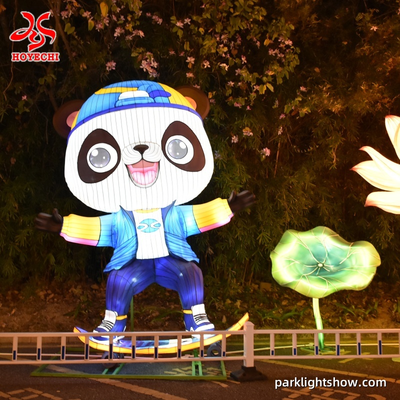 HOYECHI panda lantern sculpture in blue outfit, panda theme lights for lantern festival and zoo theme decoration