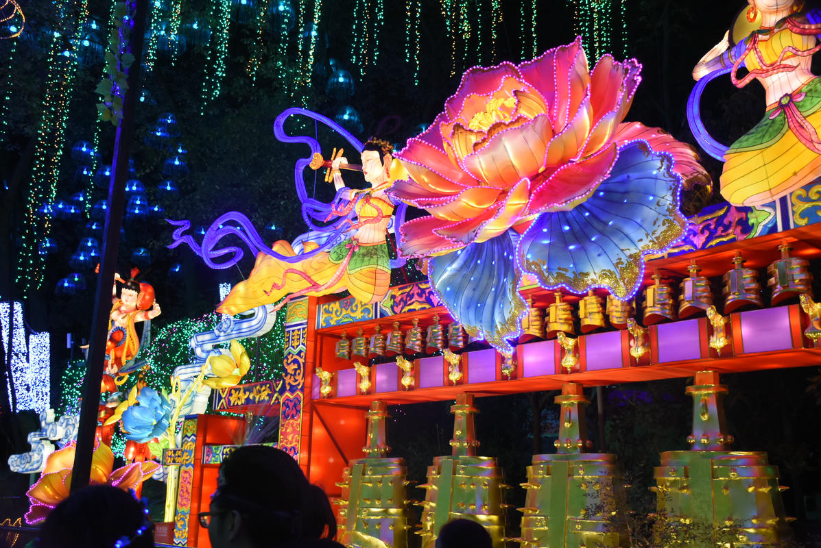 Chang'e Mid Autumn Festival Lantern Display Chang'e, lotus flowers and traditional architecture in a Mid Autumn Festival lantern display