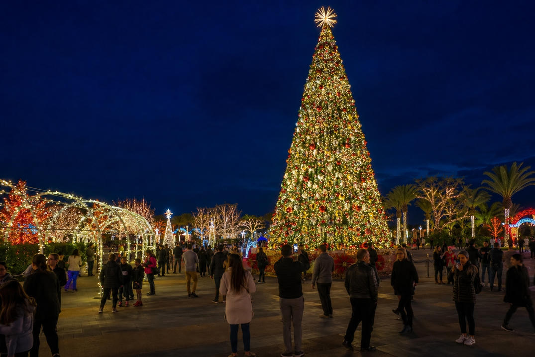 Visitantes reuníndose arredor dun punto de referencia comercial da árbore de Nadal durante un espectáculo de luces festivas ao aire libre