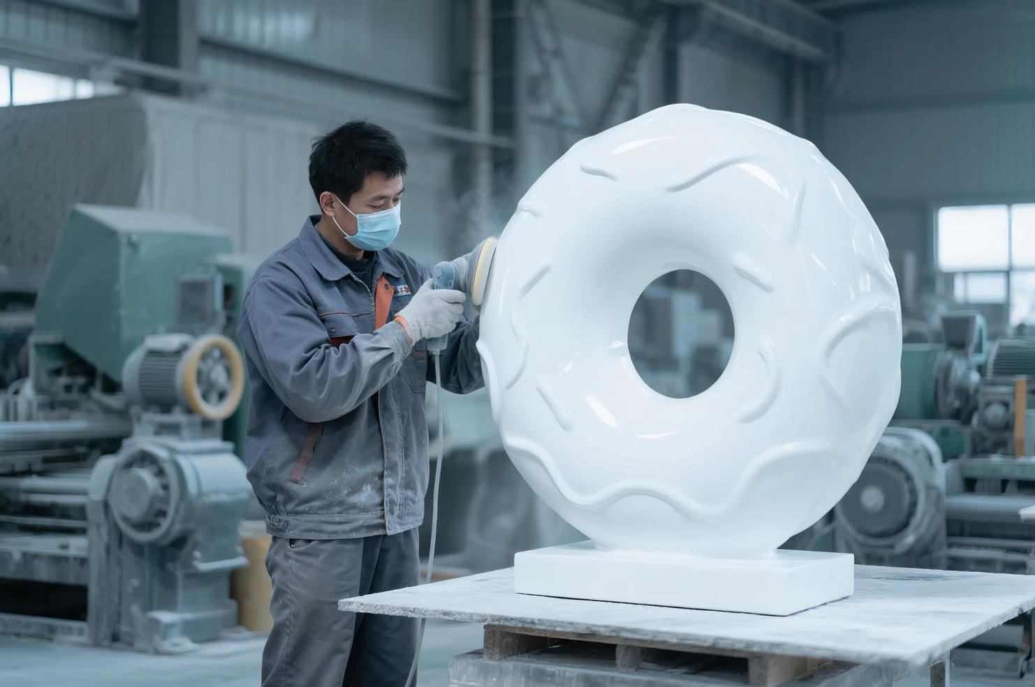 Ein Arbeiter poliert die Oberfläche einer individuell angefertigten Fiberglas-Skulptur während der Fabrikproduktion.