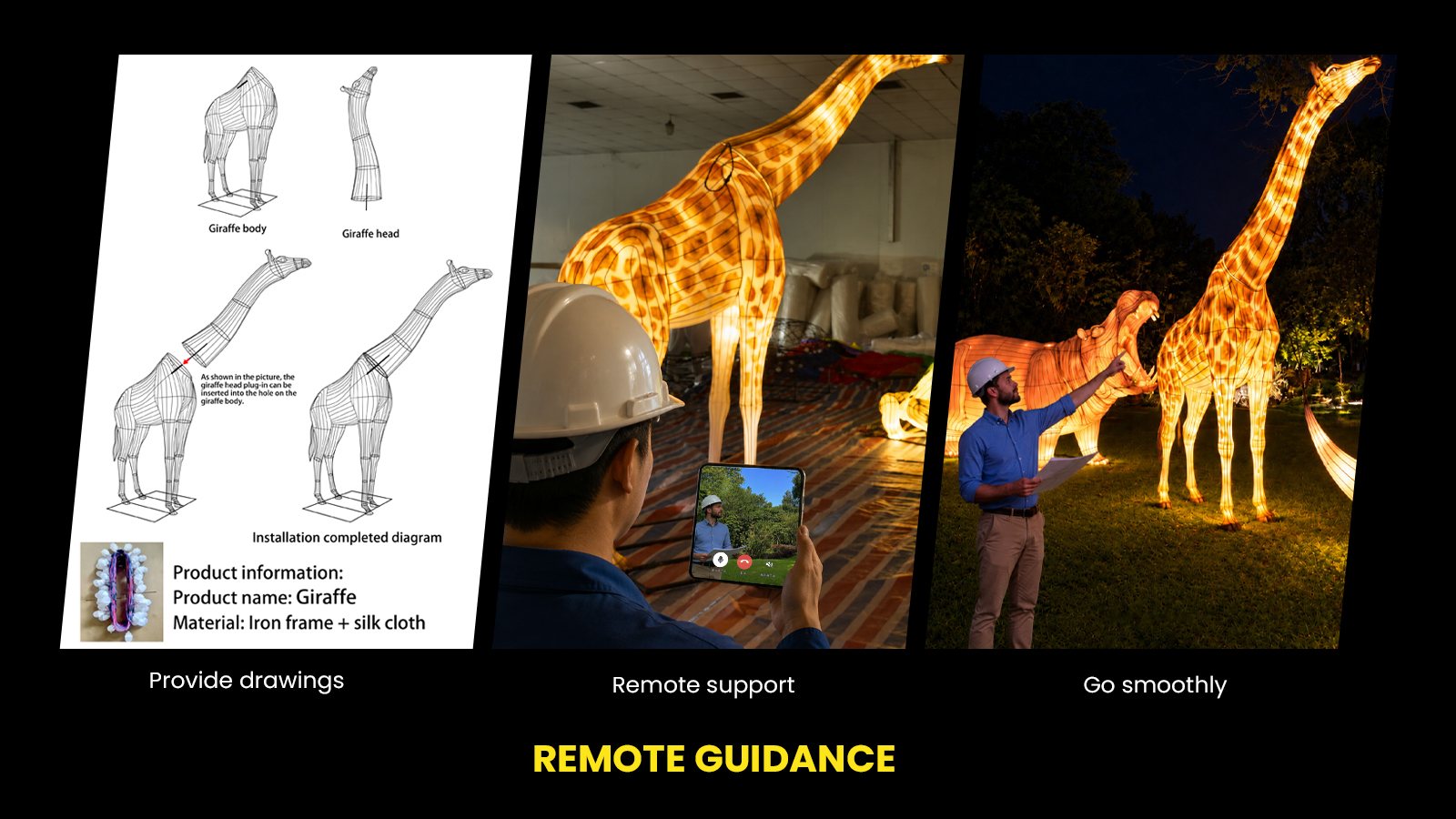 Giraffe lantern reference drawing alongside workshop and outdoor display photographs