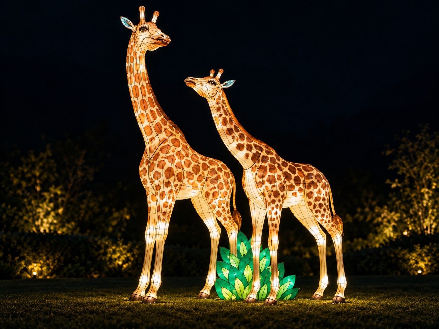 Two illuminated giraffe lanterns with different neck poses and green plant scenery at night