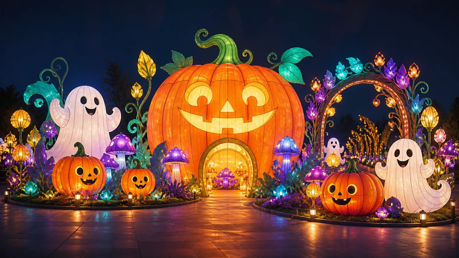 AI concept illustration of a family-friendly Halloween lantern scene with a giant pumpkin, friendly ghosts, glowing mushrooms, and an illuminated arch