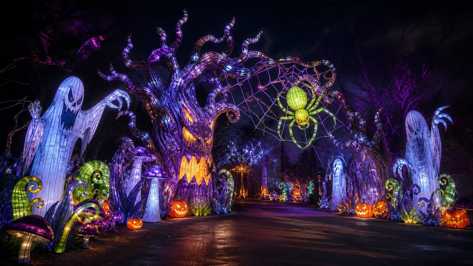 AI concept illustration of a fright-oriented Halloween lantern forest entrance with ghost figures, a spiderweb arch, and glowing plants