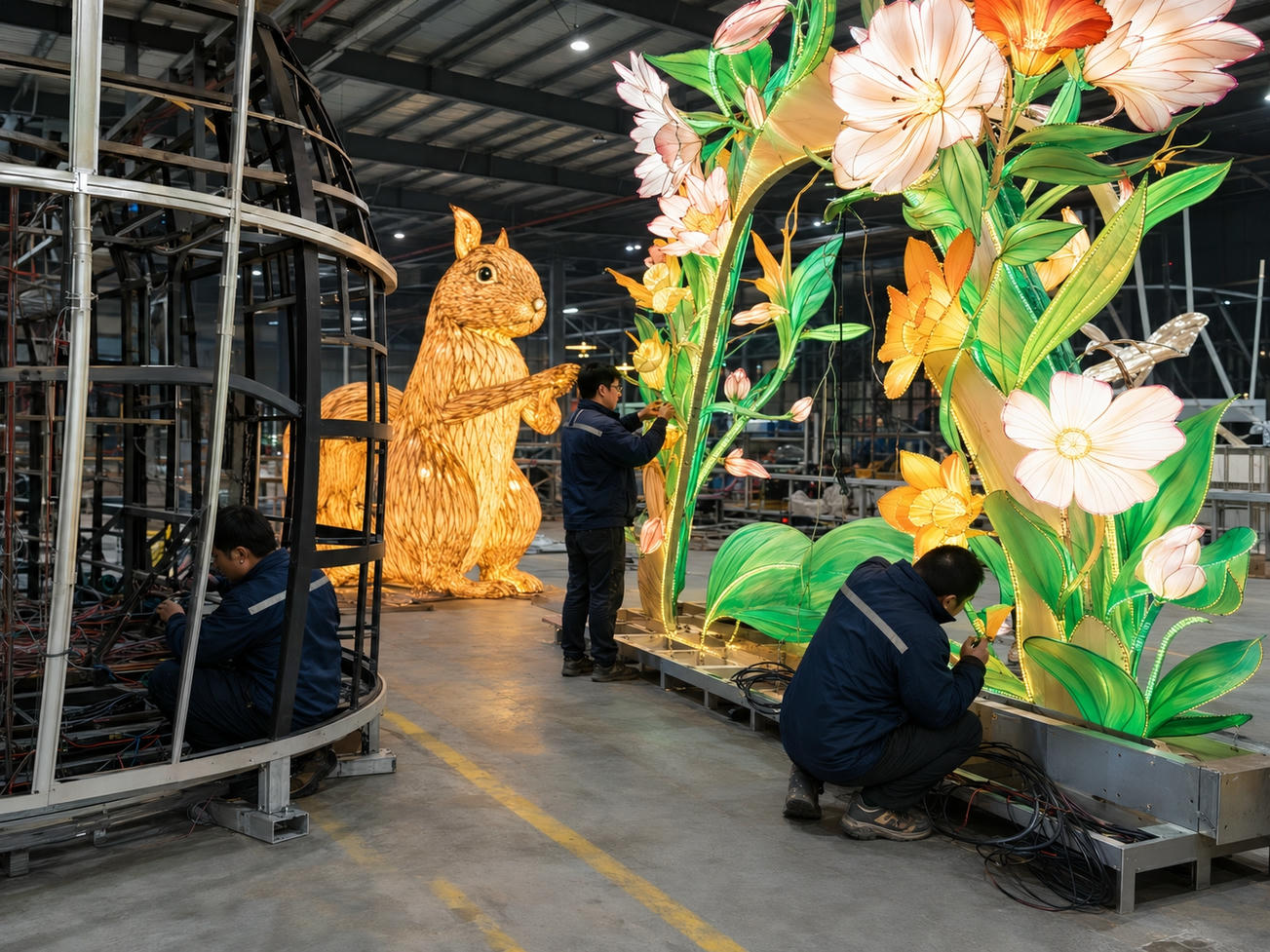 HOYECHI Chinese New Year Lantern Factory Pre-Installation Рабочие компании HOYECHI осматривают гигантские цветочные и животные фонарные композиции во время предварительной установки на заводе.