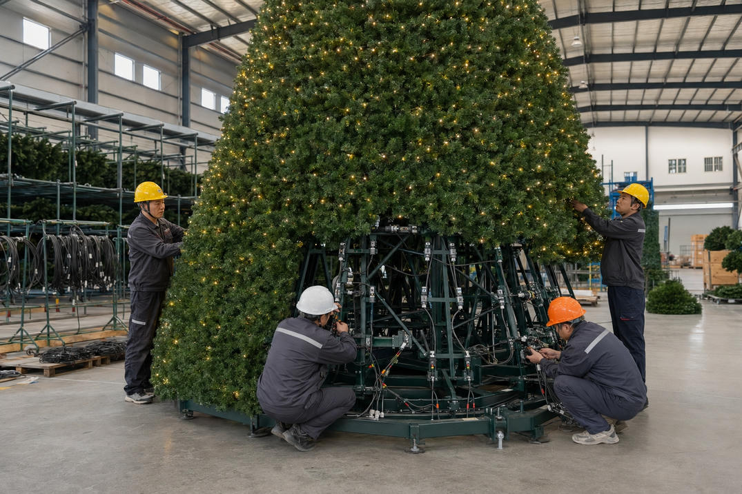 Técnicos de HOYECHI preinstalando e inspeccionando unha árbore de Nadal comercial modular antes do seu envío
