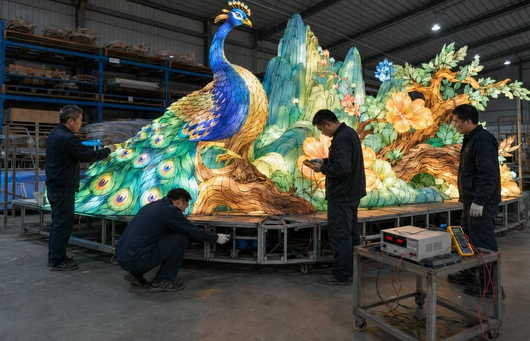 HOYECHI Custom Lantern Festival Factory Pre-Installation Tim HOYECHI masang sareng nguji tampilan festival lentera khusus di jero pabrik sateuacan dikirim.