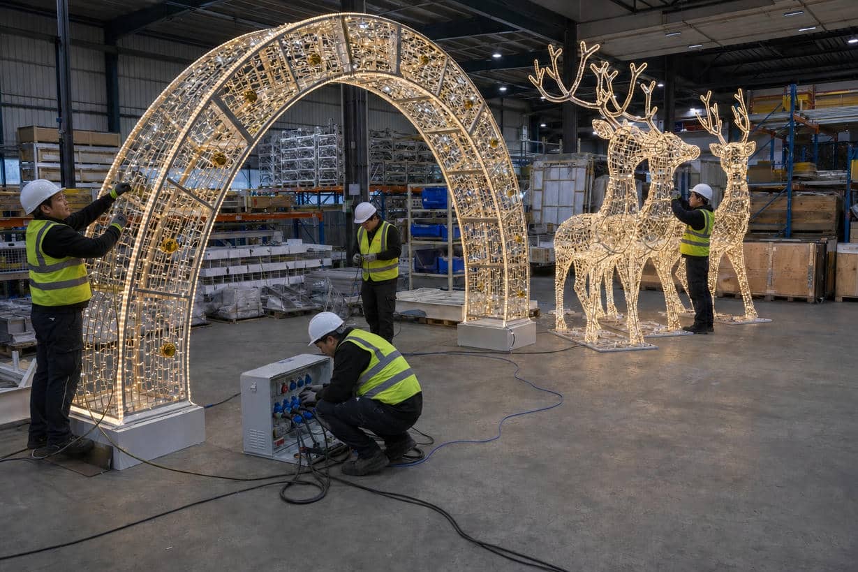 HOYECHI Holiday Display Factory Pre-Installation HOYECHI Chinese technicians pre-installing and testing commercial holiday displays before delivery