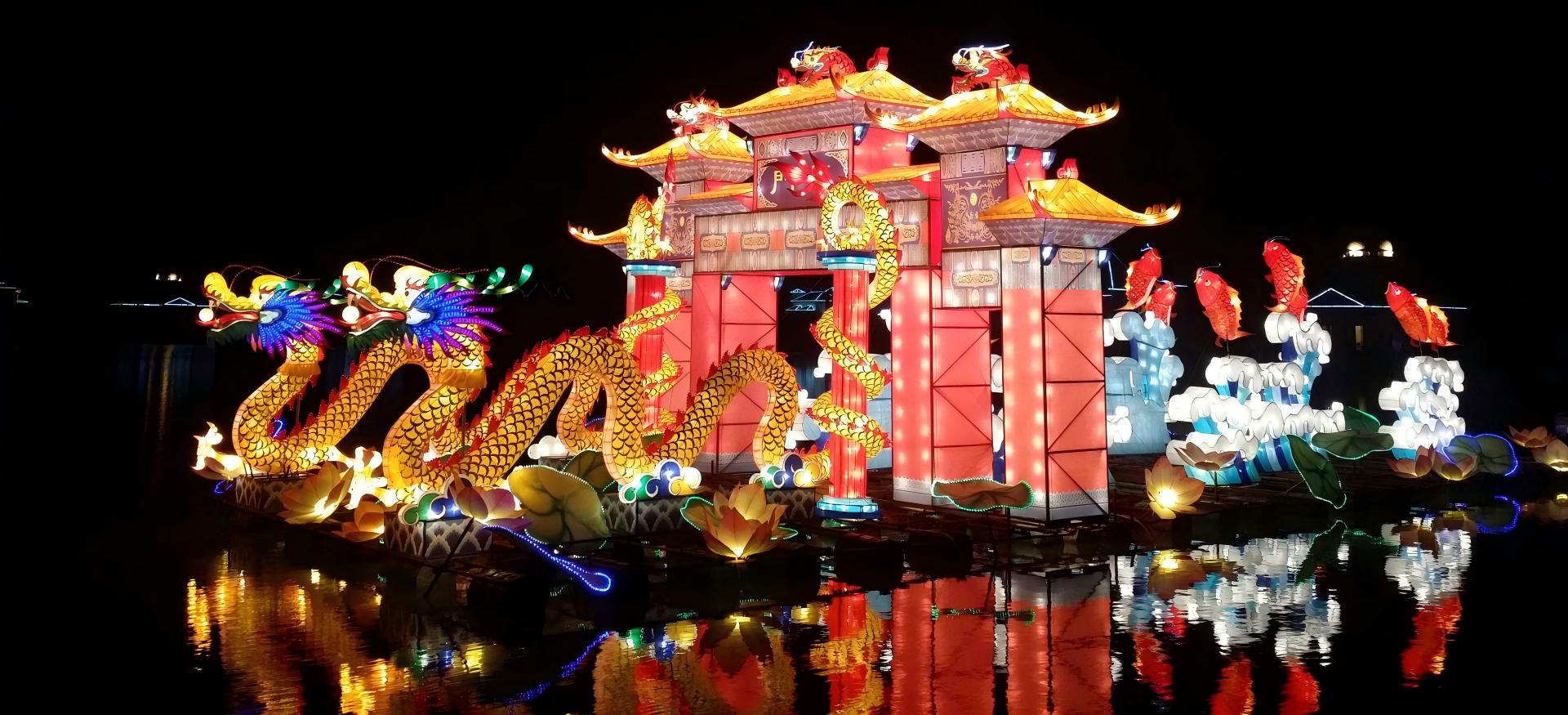 Real project photo of a giant dragon and illuminated palace lantern display for outdoor festivals, parks and night attractions