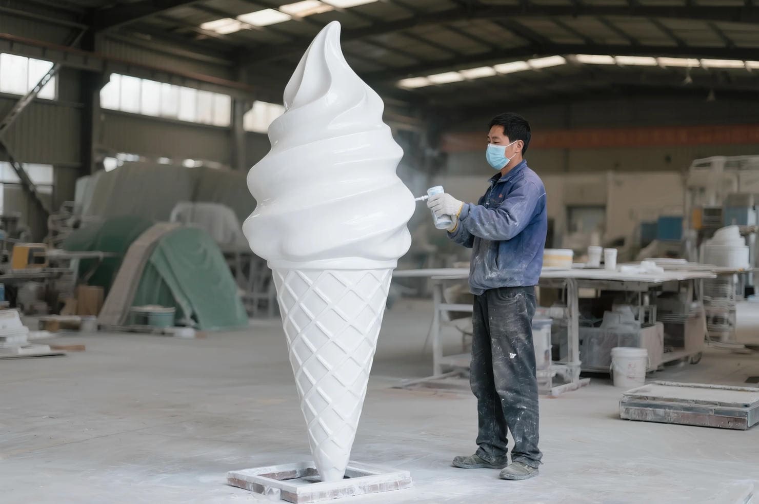 Eine große Eiscremeskulptur aus Fiberglas wird für eine kommerzielle Attraktion hergestellt und fertiggestellt.
