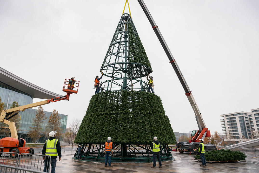 Equipo de instalación montando seccións modulares dunha árbore de Nadal comercial xigante nun recinto ao aire libre