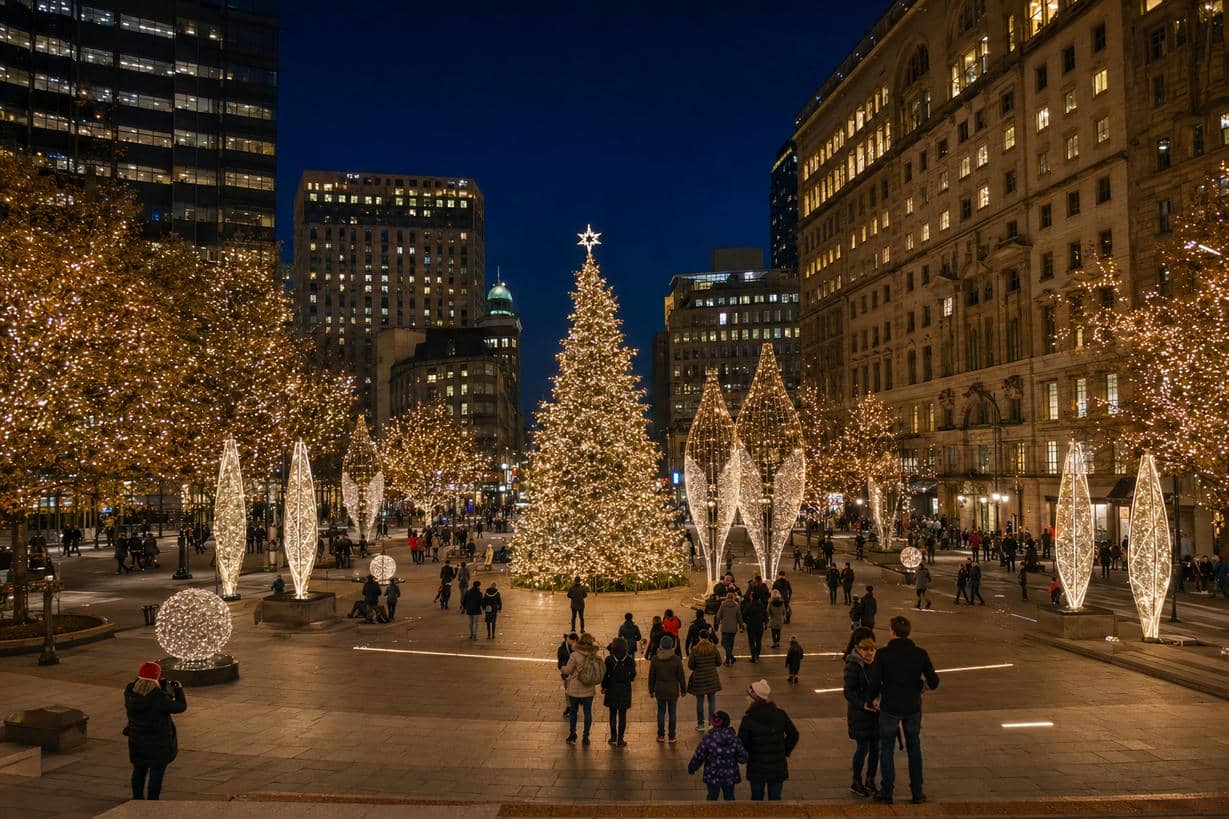 Municipal Commercial Holiday Light Display Commercial holiday light display transforming a city square into a festive public attraction