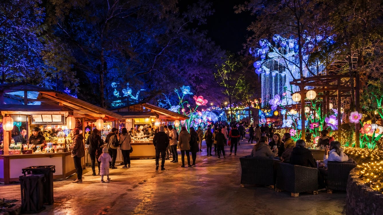 Nighttime Lantern Festival Garden with Visitors