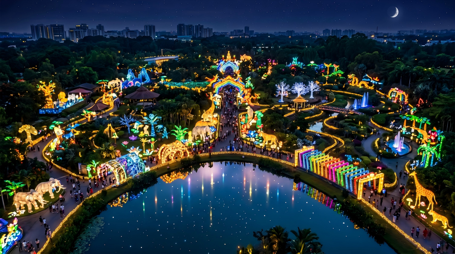 Aerial view of a large-scale park light festival with illuminated displays, themed lighting installations, and nighttime visitor pathways