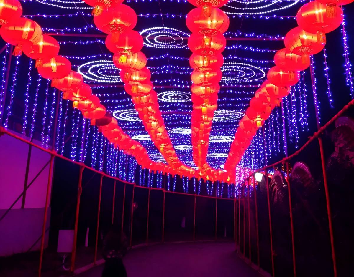 Red Chinese Lantern Light Tunnel for New Year صفوف من الفوانيس الصينية الحمراء تضيء نفقًا ضوئيًا احتفاليًا خلال احتفالات رأس السنة الجديدة