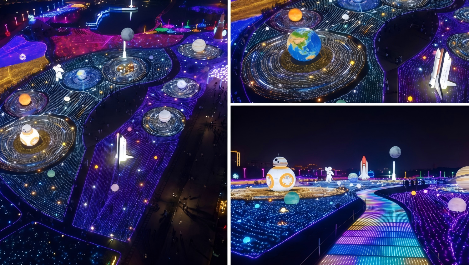 Large outdoor park light show with space-themed installations, glowing planet displays, and illuminated visitor pathways