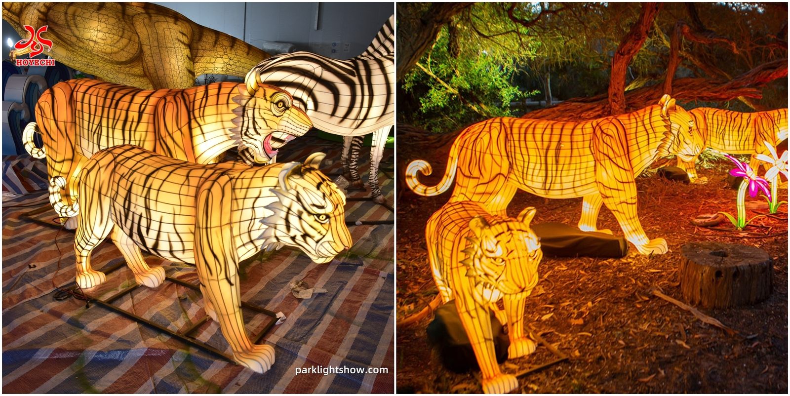 Large and small illuminated tiger lanterns shown indoors and in a woodland setting