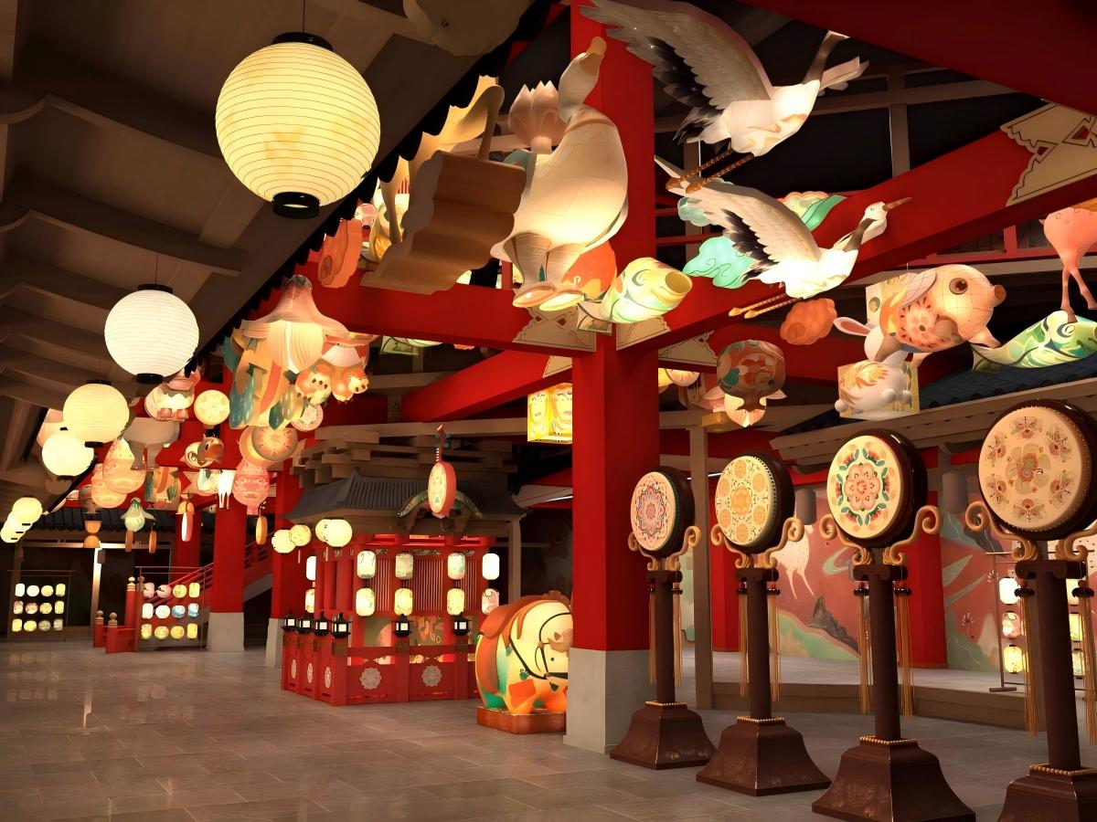 Traditional Chinese New Year Lantern Types عرض فوانيس صينية تقليدية يضم فوانيس على شكل حيوانات، وفوانيس معلقة، وأنماط ثقافية مرسومة يدويًا