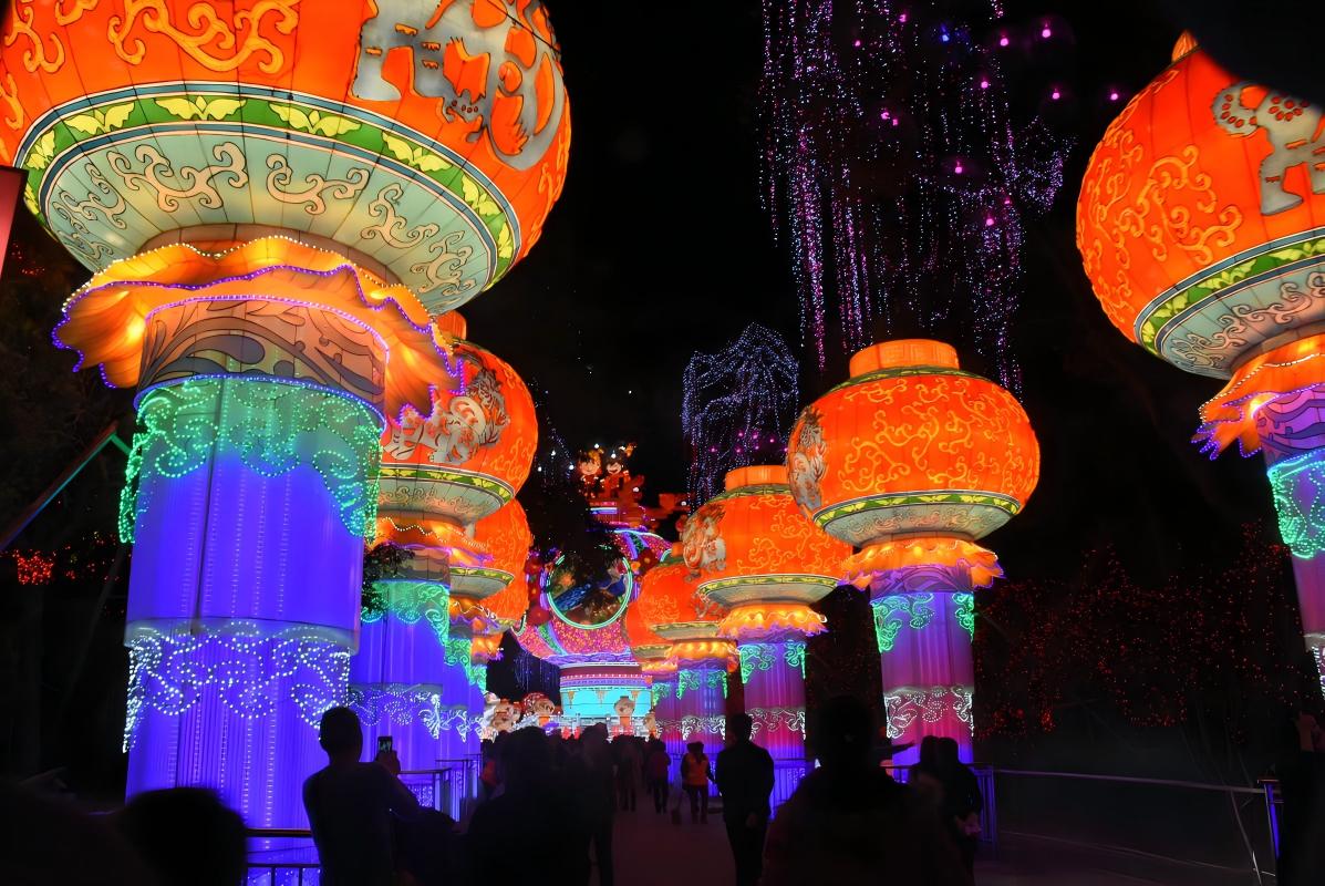 Walk-Through Mid Autumn Lantern Festival Route Visitors walking through a colorful Mid Autumn Festival lantern route at night