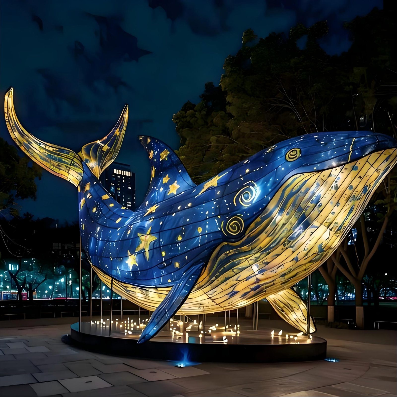 Blue and gold whale lantern with an upturned tail and star-patterned body