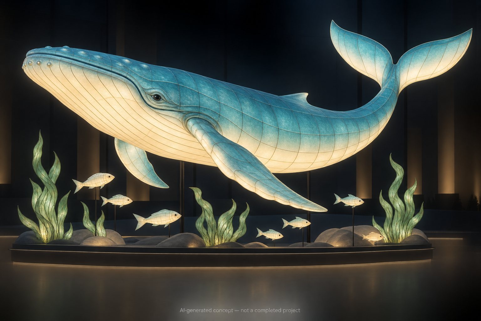 AI-generated concept of a full-body whale lantern with a raised tail, smaller fish and seaweed
