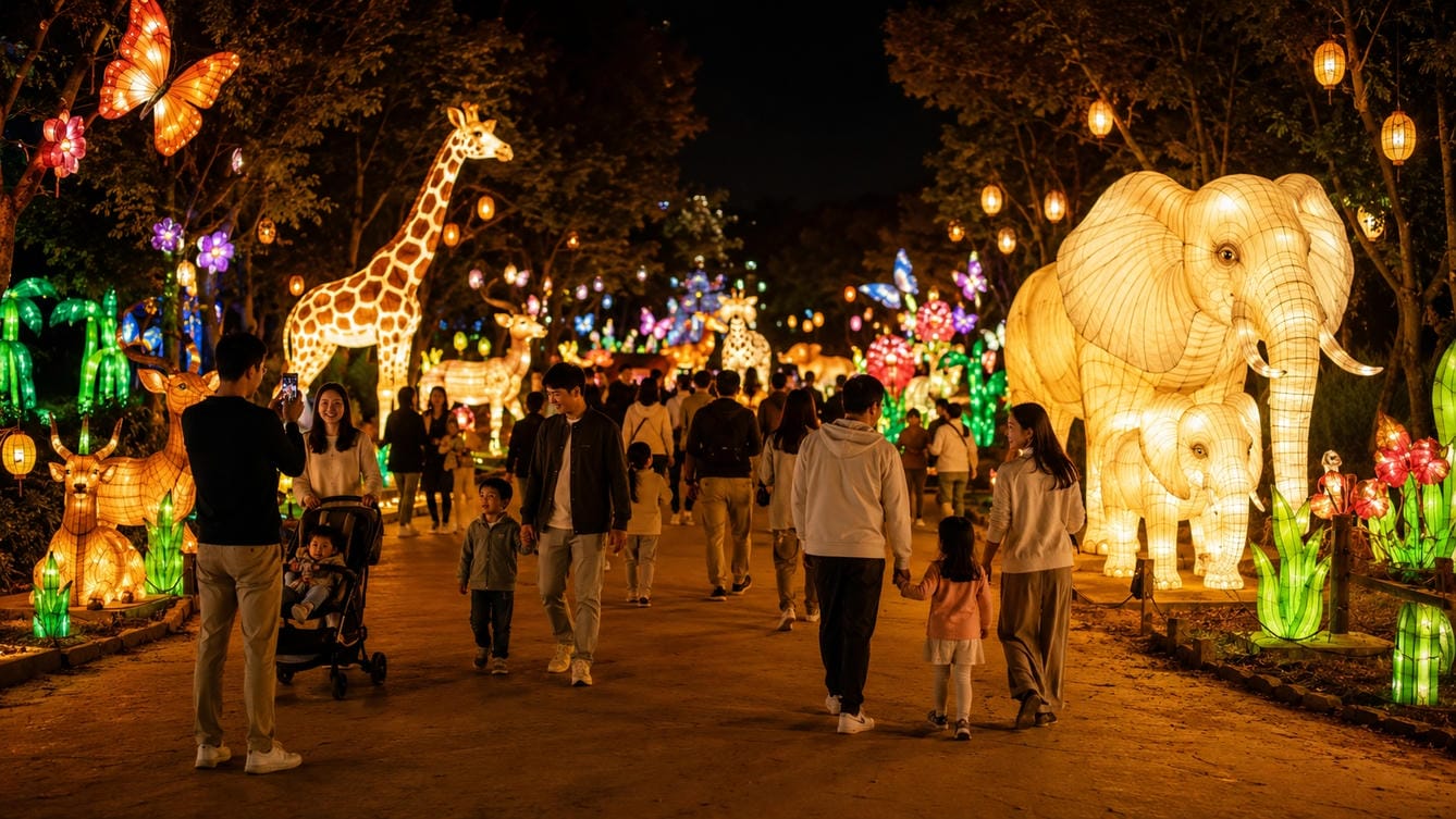 experiência noturna em família no zoológico com festival de lanternas