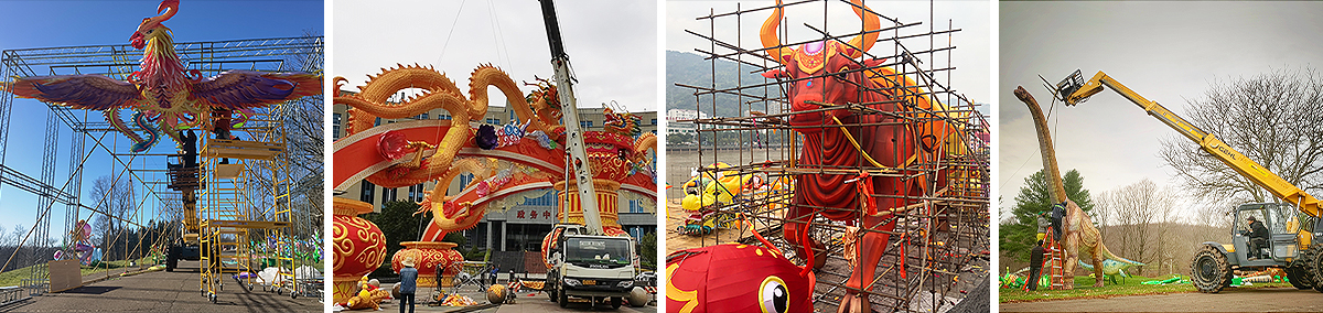 Large-scale lantern installation process showing custom festival displays, structural setup, and on-site project execution for outdoor attractions